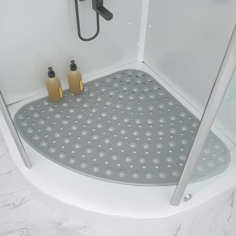 MUNEK Corner Shower Mat Non Slip,21 * 21 Inches,Curved for Shower or Tub, Safety Mat with Drain Hole,Corner Shower Mats for Inside Shower,Machine Washable (Grey) - Image 1